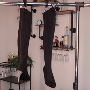 Nina Rocklin Black Faux Suede Rhinestone Heel OTK Boots